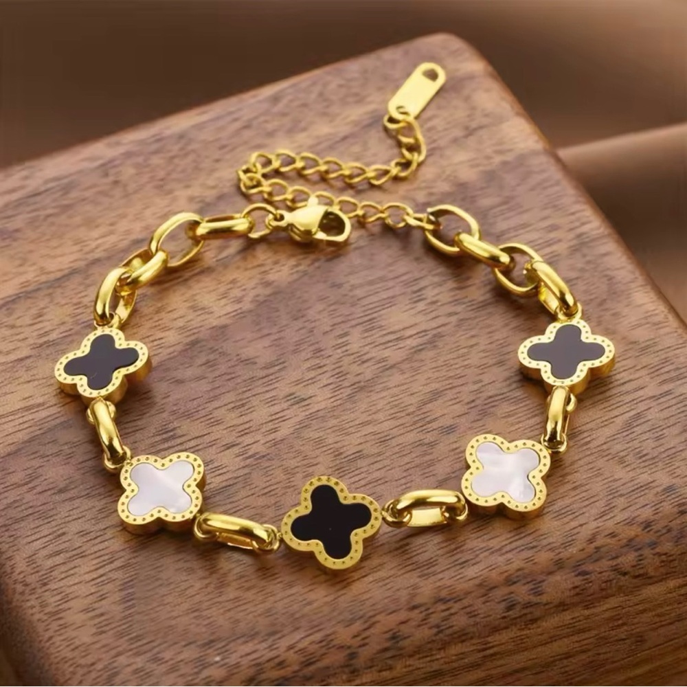 Gold-Plated Clover Leaf Flower Link Bracelet with Black and White Enamel